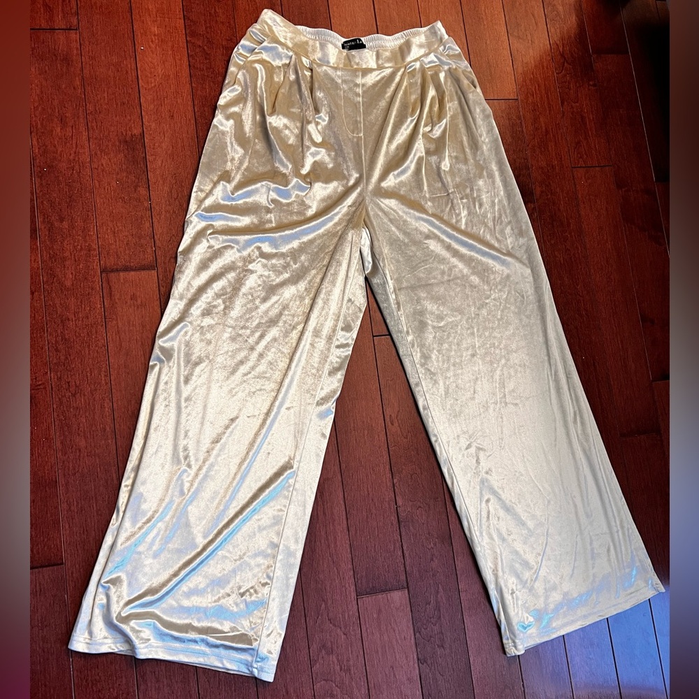 Sz S CHRISTIAN LACROIX Champagne Velvet Velour Wide Leg Cream Pants High Rise